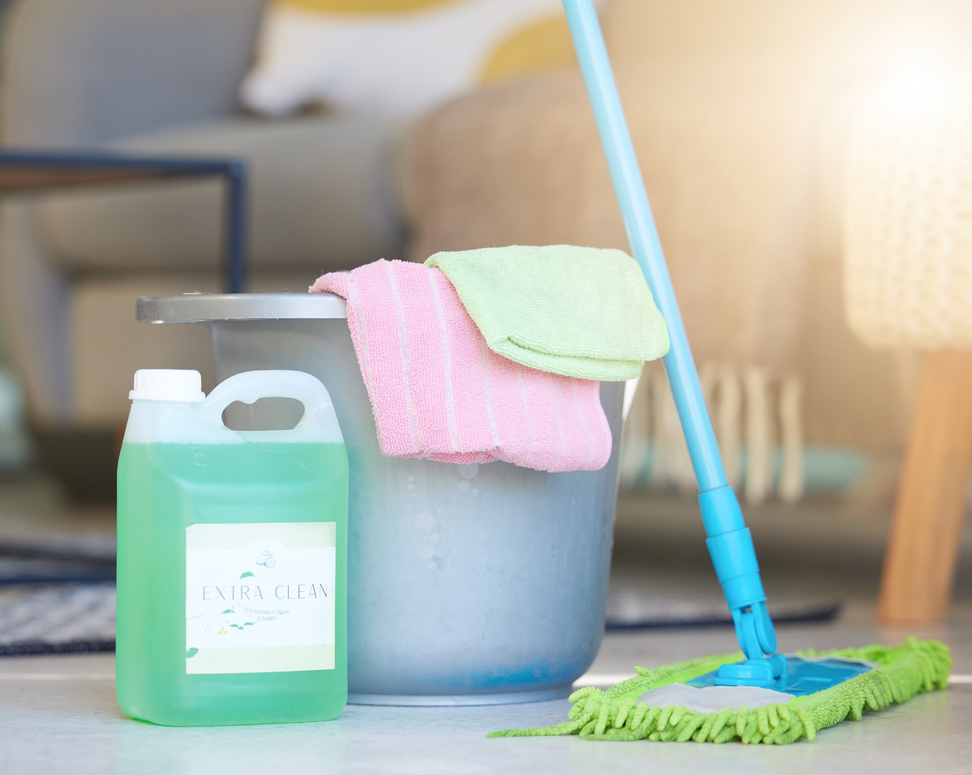 Cleaning, soap detergent product and bucket with mop for domestic work, household chores and saniti